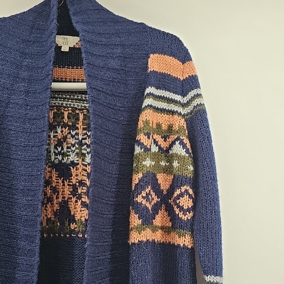 Pink Rose Navy Blue Fair Isle Open Front Cardigan,Boho Knit Longline Sweater (L) - Picture 3 of 6